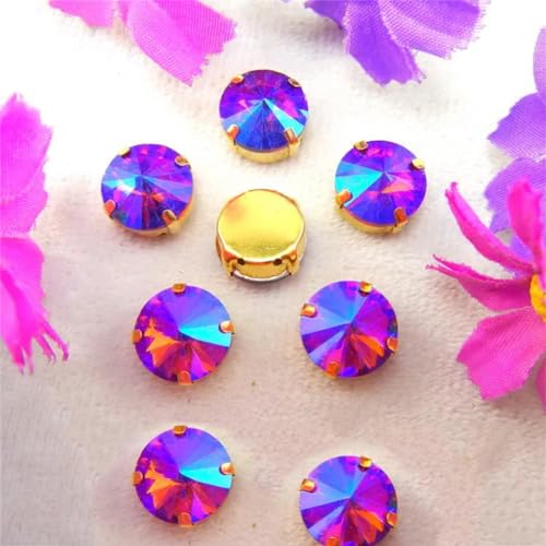 Strass-Glaskristalle for Aufnähen, Rivoli, runde Form, Glaskristall, AB-Farben, Goldkralle, Strass-Perlen for Aufnähen, DIY-Applikation (6 mm, 50 Stück, A7 Violett AB)(18mm 10pcs A3 Tea color AB) von POTUBI