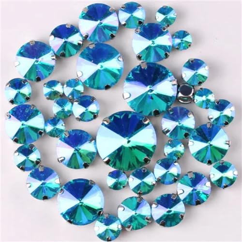 Strass-Glaskristalle for Aufnähen, runde Rivoli-Form, Glaskristall, silberne Klaue, 7 Größen, Mix, 50 Stück/Beutel, Strass for Aufnähen (A37 Rot AB, 50 Stück)(A29 Aquamarine AB 50Pcs) von POTUBI