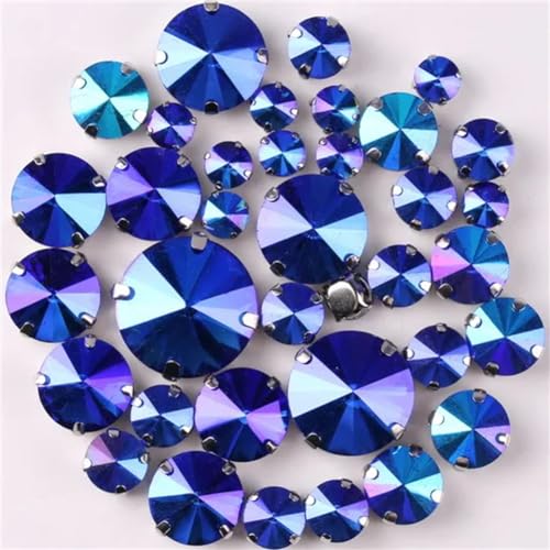 Strass-Glaskristalle for Aufnähen, runde Rivoli-Form, Glaskristall, silberne Klaue, 7 Größen, Mix, 50 Stück/Beutel, Strass for Aufnähen (A37 Rot AB, 50 Stück)(A30 Sapphire AB 50Pcs) von POTUBI
