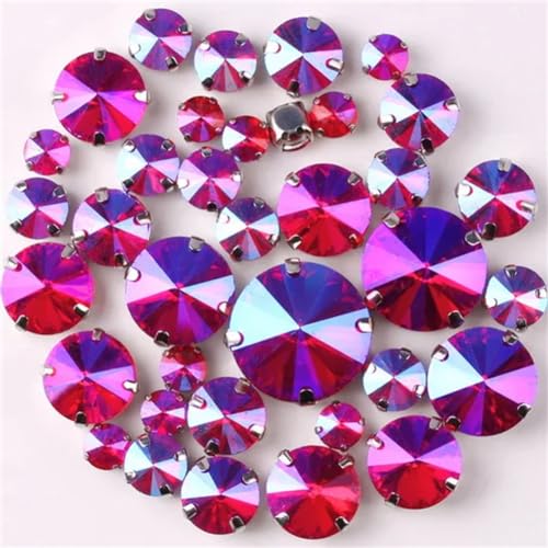 Strass-Glaskristalle for Aufnähen, runde Rivoli-Form, Glaskristall, silberne Klaue, 7 Größen, Mix, 50 Stück/Beutel, Strass for Aufnähen (A37 Rot AB, 50 Stück)(A37 Red AB 50Pcs) von POTUBI