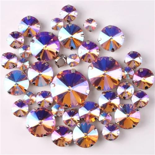 Strass-Glaskristalle for Aufnähen, runde Rivoli-Form, Glaskristall, silberne Klaue, 7 Größen, Mix, 50 Stück/Beutel, Strass for Aufnähen (A37 Rot AB, 50 Stück)(A38 Lt peach AB 50Pcs) von POTUBI