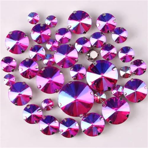 Strass-Glaskristalle for Aufnähen, runde Rivoli-Form, Glaskristall, silberne Klaue, 7 Größen, Mix, 50 Stück/Beutel, Strass for Aufnähen (A37 Rot AB, 50 Stück)(A39 Rose AB 50Pcs) von POTUBI