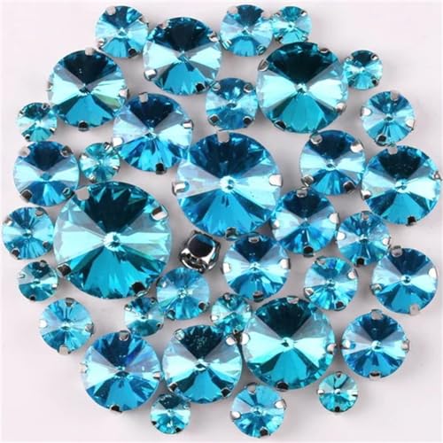 Strass-Glaskristalle for Aufnähen, runde Rivoli-Form, Glaskristall, silberne Klaue, 7 Größen, Mix, 50 Stück/Beutel, Strass for Aufnähen (A37 Rot AB, 50 Stück)(A4 Aquamarine 50Pcs) von POTUBI