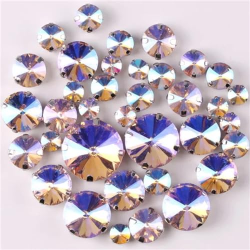Strass-Glaskristalle for Aufnähen, runde Rivoli-Form, Glaskristall, silberne Klaue, 7 Größen, Mix, 50 Stück/Beutel, Strass for Aufnähen (A37 Rot AB, 50 Stück)(A41 Pink AB 50Pcs) von POTUBI