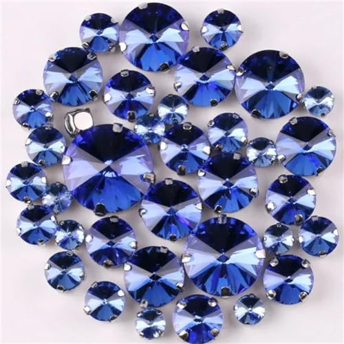 Strass-Glaskristalle for Aufnähen, runde Rivoli-Form, Glaskristall, silberne Klaue, 7 Größen, Mix, 50 Stück/Beutel, Strass for Aufnähen (A37 Rot AB, 50 Stück)(A6 Lt Sapphire 50Pcs) von POTUBI