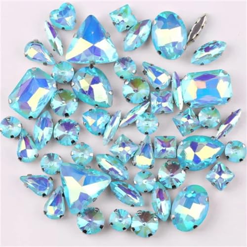 Strass-Glaskristalle for Aufnähen, silberne Krallenfassung, Jelly Candy AB-Farben, Glaskristall, 50 Stück/Beutel, Formenmischung, Strass for Aufnähen (A12 Lila AB)(A2 Aquamarine AB) von POTUBI