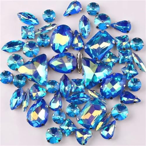 Strass-Glaskristalle for Aufnähen, silberne Krallenfassung, Jelly Candy AB-Farben, Glaskristall, 50 Stück/Beutel, Formenmischung, Strass for Aufnähen (A12 Lila AB)(A4 Sapphire AB) von POTUBI