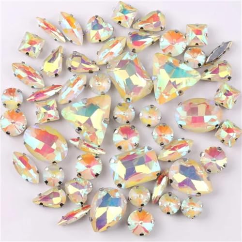 Strass-Glaskristalle for Aufnähen, silberne Krallenfassung, Jelly Candy AB-Farben, Glaskristall, 50 Stück/Beutel, Formenmischung, Strass for Aufnähen (A12 Lila AB)(A7 Jonquil AB) von POTUBI