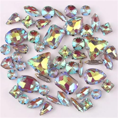 Strass-Glaskristalle for Aufnähen, silberne Krallenfassung, Jelly Candy AB-Farben, Glaskristall, 50 Stück/Beutel, Formenmischung, Strass for Aufnähen (A12 Lila AB)(A9 Lt topaz AB) von POTUBI