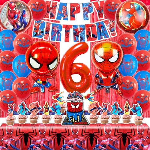 POVALLOV Spiderma Geburtstag Deko 6 Jahre, 50 Stück GeburtstagspartyDekorationen, Spiderm Luftballons Themed Party Set, Spiderma luftballons Geburtstag, spiderma tortendeko, Mit Regenvorhang von POVALLOV