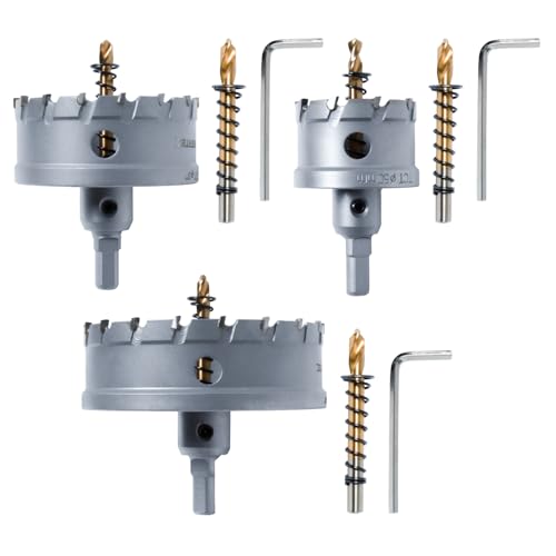 POWERTEC 14915 Hartmetall-Lochsägen für Weich- und Hartmetalle, 5,1 cm, 7,6 cm und 10,2 cm, Wolframkarbid-Lochschneider-Set mit titanbeschichtetem Zentrierbohrer für Metall, Edelstahl, Eisen, Holz POWERTEC 14915 Hartmetall-Lochsägen für Weich- und Hartmetalle, 5,1 cm, 7,6 cm und 10,2 cm, Wolframkarbid-Lochschneider-Set mit titanbeschichtetem Zentrierbohrer für Metall, Edelstahl, Eisen, Holz von POWERTEC