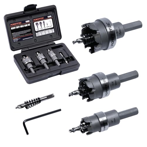POWERTEC Hartmetall-Lochsäge, 3-teiliges Set mit federbelastetem Zentrierbohrer, inklusive 2,2 cm, 3,8 cm, 3,8 cm Fräser, extra Pilot-Bit, Inbusschlüssel und geformter Tragetasche (14909) von POWERTEC