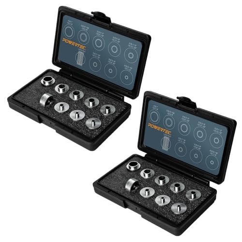 POWERTEC Oberfräsenführungs-Set, Oberfräsenschablonenführung, 10 Stück, mit Aufbewahrungskoffer, passend für Porter Cable Style Router Sub-Grundplatte. Größe 5/16 Zoll bis 1 Zoll Oberfräseinlagen-Set POWERTEC Oberfräsenführungs-Set, Oberfräsenschablonenführung, 10 Stück, mit Aufbewahrungskoffer, passend für Porter Cable Style Router Sub-Grundplatte. Größe 5/16 Zoll bis 1 Zoll Oberfräseinlagen-Set von POWERTEC