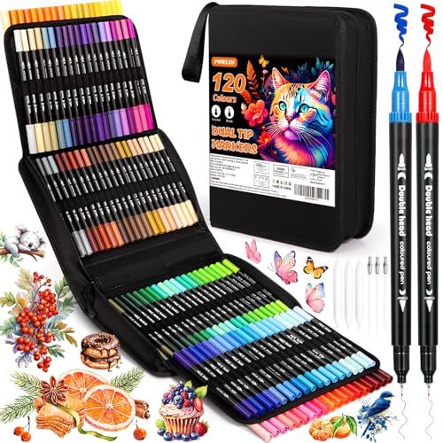 POWLYB Dual Brush Pen Set, 120 Farben Filzstifte Set Dicke und Dünne Stifte Set für Erwachsene und Kinder, Fineliner Set, Pinselstifte set, Pinselstifte Aquarel Filzstifte Kinder für Erwachsene von POWLYB