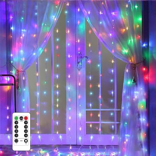 POWZOO 300 LED VorhangLichter,3mx3m Farbwechsel Lichterkettenvorhang,USB mit Fernbedienung Timer,8 Modi LED Lichterkette,10 Haken,IP44 Wasserdicht,Helligkeit für Weihnachten Party Innen und außen Deko von POWZOO