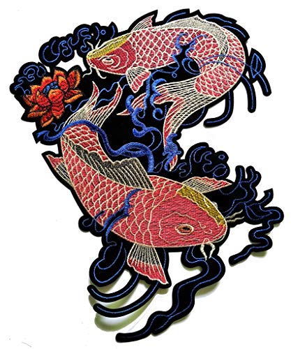 PP Patch Large Big Huge Jumbo Beautiful Lotus Lucky Japanese Koi Carp Fish Pink Cartoon Patch Motorcycle Motorrad Biker Back Jacket T-Shirt Sew Iron on Patch Badge Embroidery von PP Patch Size Big Jumbo Patch
