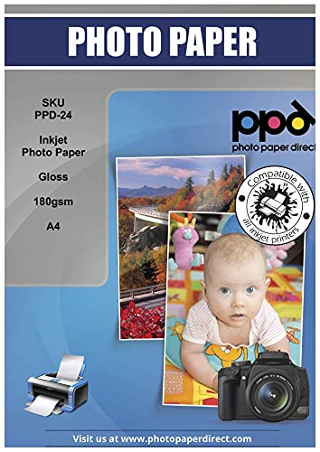 PPD 100 x A4 Inkjet Premium Fotopapier 180g Hochglänzend, Sofort Trocken und Wasserfest PPD-24-100 von PPD
