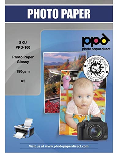 PPD 100 x A5 Inkjet Premium Fotopapier 180g Hochglänzend, Sofort Trocken und Wasserfest PPD-100-100 von PPD