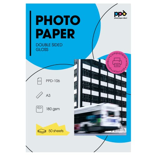 PPD 50 Blatt Inkjet Fotopapier A3 Beidseitig Bedruckbar Glänzend/Glänzend 180g PPD-106 von PPD