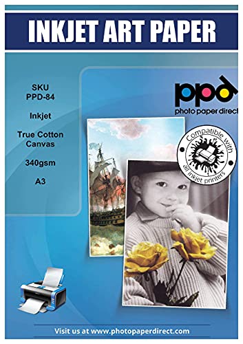 PPD A3 x 10 Blatt Inkjet Canvas Bedruckbares Fotopapier 340g Weiss, Matt, 100% Baumwolle PPD-59-10 von PPD