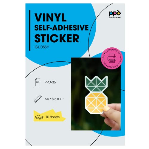 PPD 10xA4 Inkjet PREMIUM Vinyl Aufkleberfolie Bedruckbar, Weiß, Glänzend, Selbstklebend PPD-36-10 von PPD