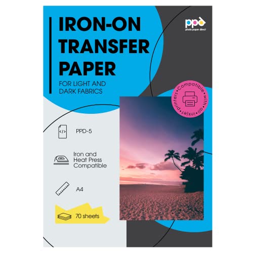 PPD 70xA4 Inkjet Premium Transferpapier Hell/Dunkel, für Bügeleisen und Transferpresse PPD-5-70 von PPD