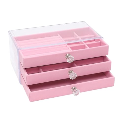 PPQIRU 1 Stück dreilagige Flanell-Schmuckschatulle mit hoher Kapazität, Schublade, Schmuckschatulle zur Aufbewahrung von Ohrringen und Halsketten(Pink) von PPQIRU