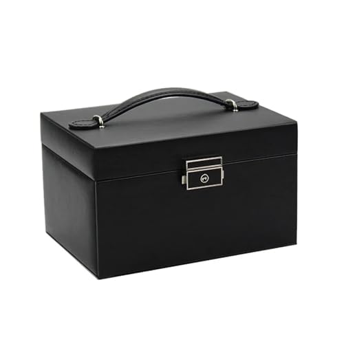 PPQIRU 3-lagiger PU-Schmuck-Organizer, großer Ring, Halskette, Make-up-Halter, Leder-Schmuckschatulle mit Schloss for Frauen(Black) von PPQIRU