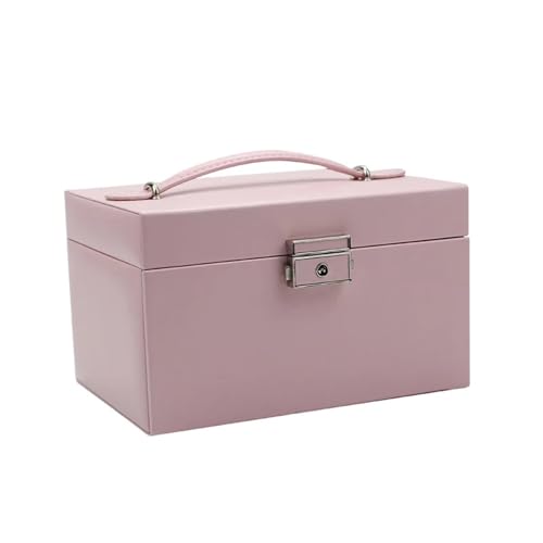 PPQIRU 3-lagiger PU-Schmuck-Organizer, großer Ring, Halskette, Make-up-Halter, Leder-Schmuckschatulle mit Schloss for Frauen(Pink) von PPQIRU