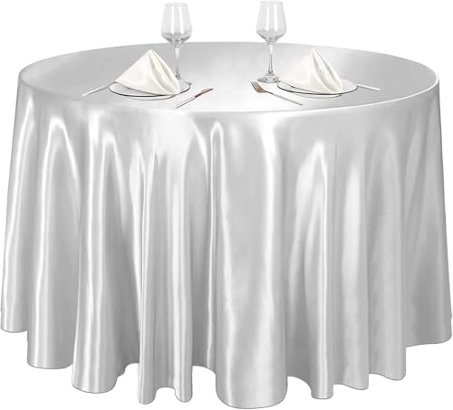 PPQIRU Bankett Tischtuch 2 Stück runde Satin-Tischdecken, helle Seidentischdecke for Hochzeitsbankett, einfarbige Tischdekoration for Hochzeit, Geburtstag(Silver,Round 275cm) von PPQIRU