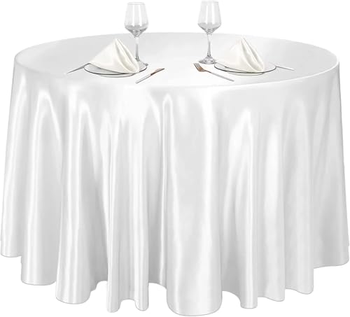 PPQIRU Bankett Tischtuch 2 Stück runde Satin-Tischdecken, helle Seidentischdecke for Hochzeitsbankett, einfarbige Tischdekoration for Hochzeit, Geburtstag(White,Round 275cm) von PPQIRU