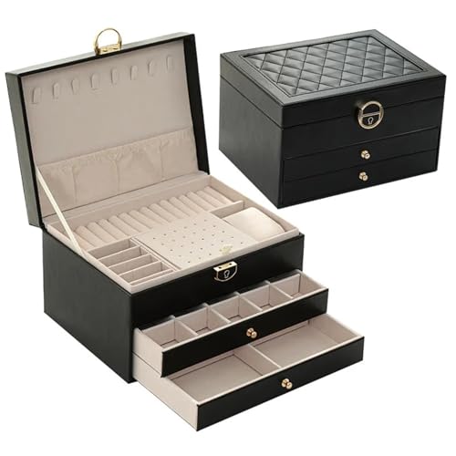 PPQIRU Dreischichtige Retro-Pu-Schmuckschatulle mit Halskette, Haken, Ohrringen, Ring, Armband, Aufbewahrungsbox(Black) von PPQIRU