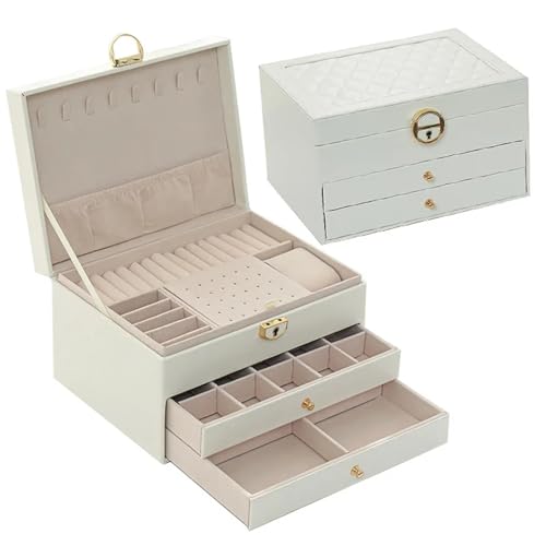 PPQIRU Dreischichtige Retro-Pu-Schmuckschatulle mit Halskette, Haken, Ohrringen, Ring, Armband, Aufbewahrungsbox(White) von PPQIRU