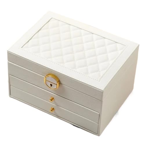 PPQIRU Dreischichtige Schubladen-Typ-Schloss-Schmuck-Aufbewahrungsbox, Halskette, Ring, Ohr-Schmuck-Aufbewahrungsbox, Schmuckschatulle(WHITE) von PPQIRU