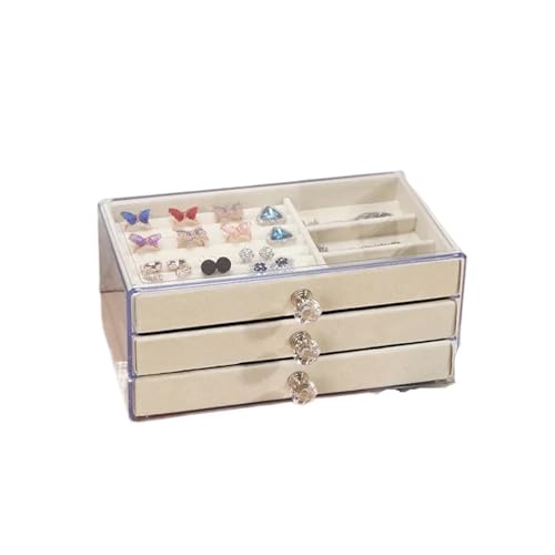 PPQIRU Dreischichtige transparente Schublade for Ohrringe, Armbänder, Schmuck, Aufbewahrungsbox, Ring, Schmuckschatulle(Beige) von PPQIRU