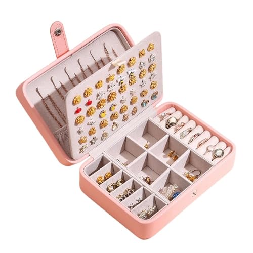 PPQIRU Leder-Schmuckschatulle, großes Fassungsvermögen, for Ohrringe, Ringe, Halsketten, Aufbewahrungsbox, for Reisen, tragbar, doppellagig, Schmucketui, Organizer(Pink) von PPQIRU