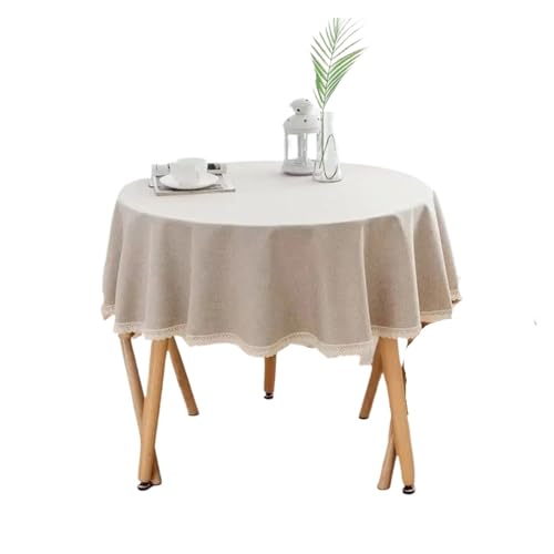 PPQIRU Runde Tischdecke Einfarbige runde Tischdecke mit Spitze, Baumwoll-Leinen-Tischdecke, Hochzeit, Esszimmer, Teetisch, Dekoration(Beige,280cm) von PPQIRU