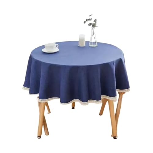 PPQIRU Runde Tischdecke Einfarbige runde Tischdecke mit Spitze, Baumwoll-Leinen-Tischdecke, Hochzeit, Esszimmer, Teetisch, Dekoration(Dark Blue,90cm) von PPQIRU