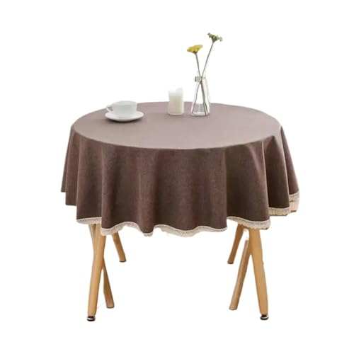 PPQIRU Runde Tischdecke Einfarbige runde Tischdecke mit Spitze, Baumwoll-Leinen-Tischdecke, Hochzeit, Esszimmer, Teetisch, Dekoration(Dark Brown,280cm) von PPQIRU