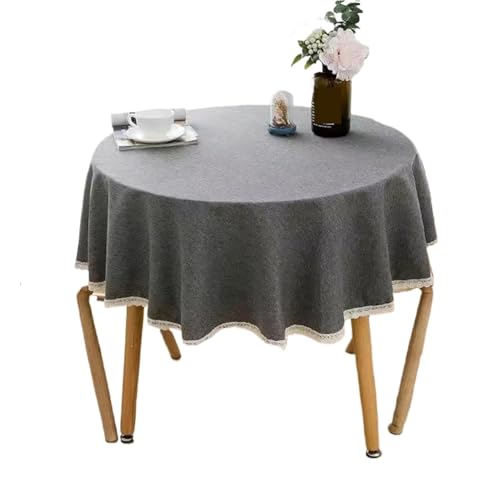 PPQIRU Runde Tischdecke Einfarbige runde Tischdecke mit Spitze, Baumwoll-Leinen-Tischdecke, Hochzeit, Esszimmer, Teetisch, Dekoration(Dark Gray,160cm) von PPQIRU