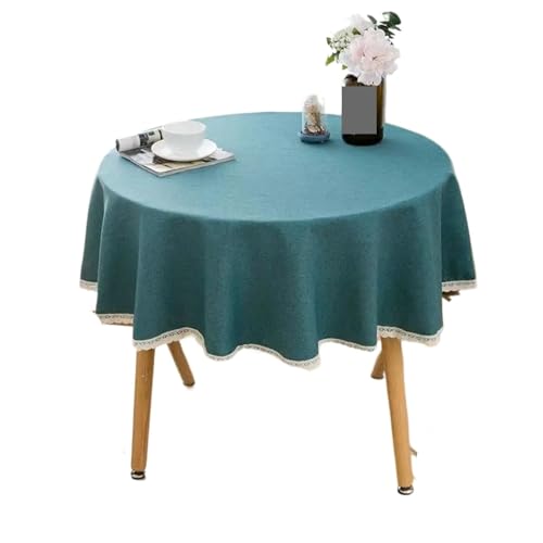 PPQIRU Runde Tischdecke Einfarbige runde Tischdecke mit Spitze, Baumwoll-Leinen-Tischdecke, Hochzeit, Esszimmer, Teetisch, Dekoration(Green,140cm) von PPQIRU