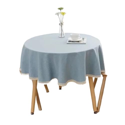PPQIRU Runde Tischdecke Einfarbige runde Tischdecke mit Spitze, Baumwoll-Leinen-Tischdecke, Hochzeit, Esszimmer, Teetisch, Dekoration(Light Blue,280cm) von PPQIRU