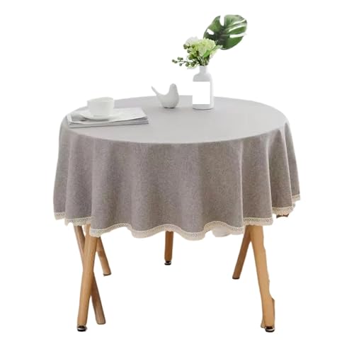 PPQIRU Runde Tischdecke Einfarbige runde Tischdecke mit Spitze, Baumwoll-Leinen-Tischdecke, Hochzeit, Esszimmer, Teetisch, Dekoration(Light Gray,90cm) von PPQIRU