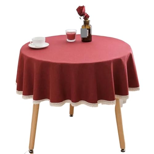 PPQIRU Runde Tischdecke Einfarbige runde Tischdecke mit Spitze, Baumwoll-Leinen-Tischdecke, Hochzeit, Esszimmer, Teetisch, Dekoration(Red,90cm) von PPQIRU