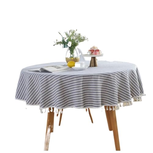 PPQIRU Runde Tischdecke Gestreifte runde Tischdecke, Schlichte Quasten-Tischdecke, Tischdecke aus Baumwollleinen, Tischdecke, Handtuch(Blue,Diameter 100cm) von PPQIRU