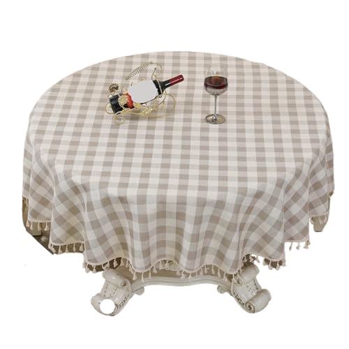 PPQIRU Runde Tischdecke Quasten Baumwolle Leinen Runde Tischdecke Restaurant Baumwollfaden Karo Tischdecke Tischdecke Tischdecke(Coffee,Diameter 120cm) von PPQIRU