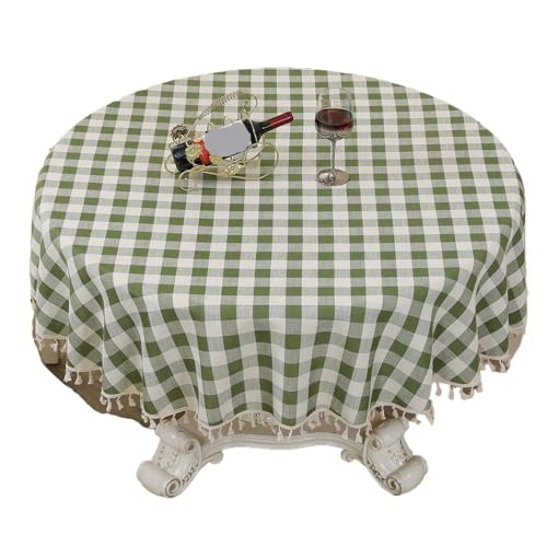 PPQIRU Runde Tischdecke Quasten Baumwolle Leinen Runde Tischdecke Restaurant Baumwollfaden Karo Tischdecke Tischdecke Tischdecke(Green,Diameter 60cm) von PPQIRU