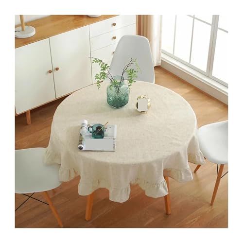 PPQIRU Runde Tischdecke Tischdecke, einfarbig, rund, Baumwolle, Leinen, mit Spitze, gerüscht, for Küche, Esszimmer, Hochzeit, Tische, Raumdekoration(Beige,150cm) von PPQIRU