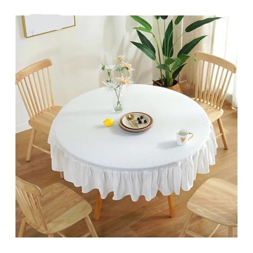 PPQIRU Runde Tischdecke Tischdecke, einfarbig, rund, Baumwolle, Leinen, mit Spitze, gerüscht, for Küche, Esszimmer, Hochzeit, Tische, Raumdekoration(White,100cm) von PPQIRU