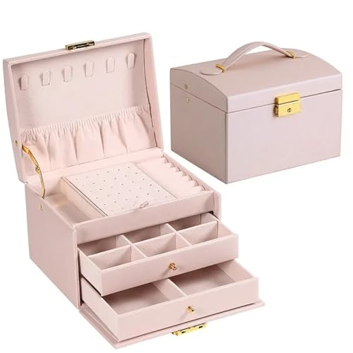 PPQIRU Schmuckschatulle, multifunktional, dreilagiges Leder, Schubladenstil, Ohrringe, Schloss(Pink) von PPQIRU